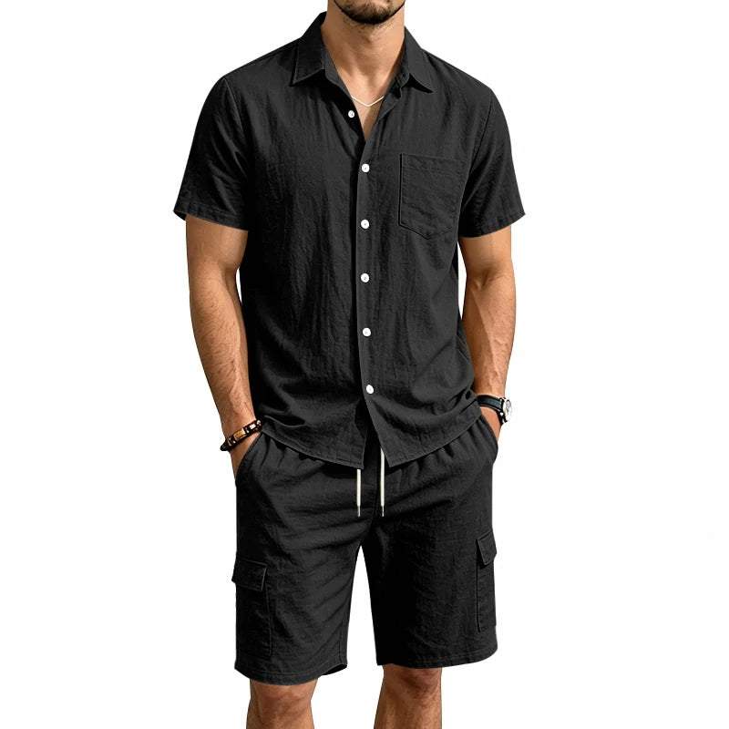 Men Summer American Linen Two Piece Set Short Sleeve Shirt Drawstring Cargo Shorts Loose Casual Outdoor Commute Vacation Outfit