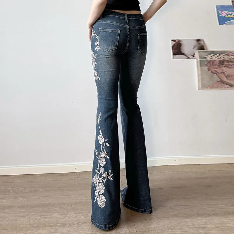 Denim Trousers Y2K Flare Pants Jeans Women Embroidery Boot Cut Low Waist Washed Distressed Pockets Floor Length Streetwear