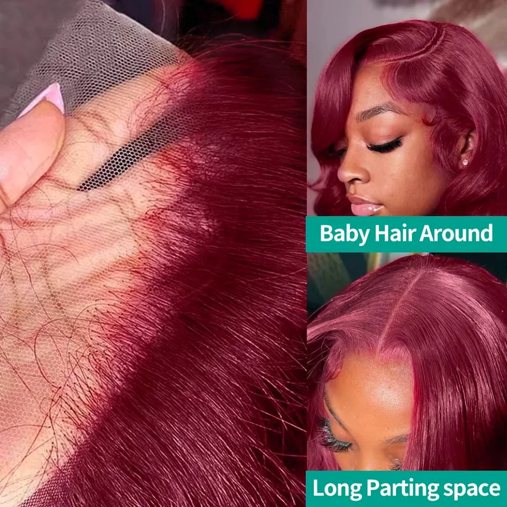 20in-40in Burgundy Red 34 Inch Body Wave Lace Front Wig
