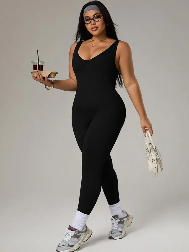 Plus Size Women's Tracksuit Gym Workout Sports Clothes Outfit Backless Jumpsuit Yoga Fitness Overalls Open Back Bodysuits Suit