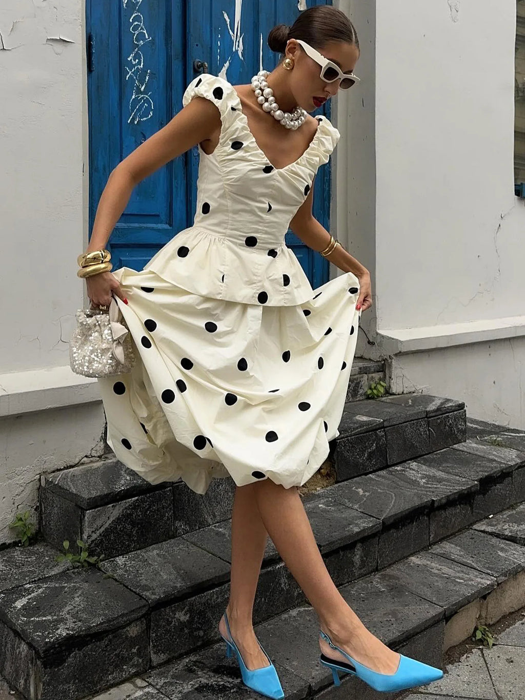 Women 2 Piece Polka Dot Dress Set French Vintage V Neck Ruffle Peplum Top High Waist Flare Midi Skirt Elegant Party Outfits