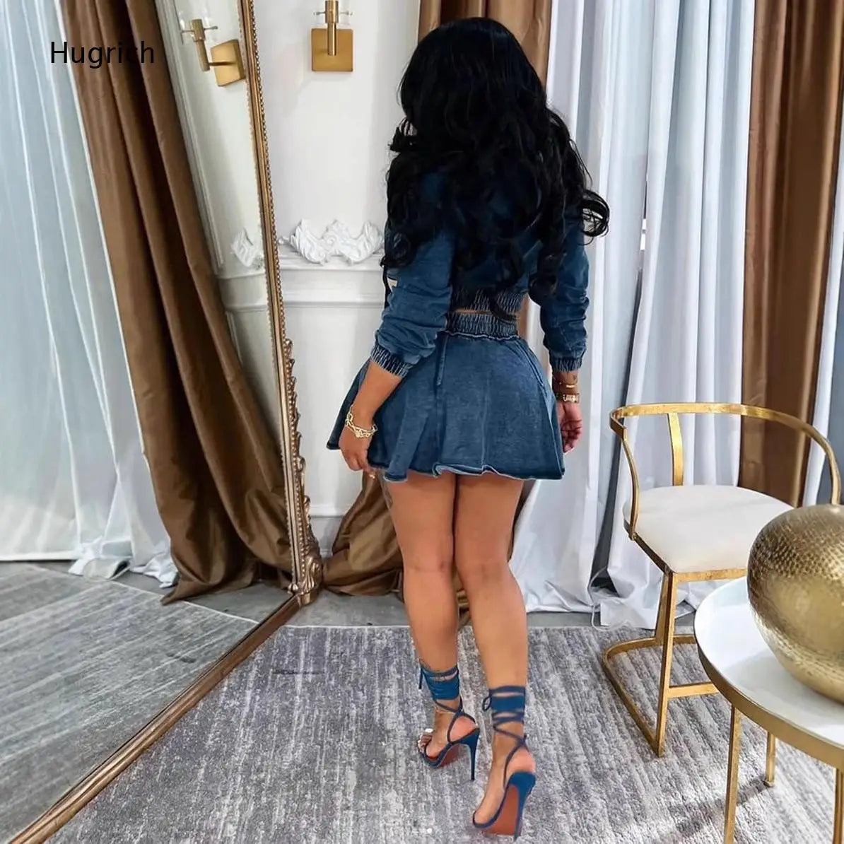 Hooded Long Sleeve Skirt Romper Washed Grey Zip Front Elastic Gathered Waist Drawstring Flared Hem Women Casual Jumpsuit