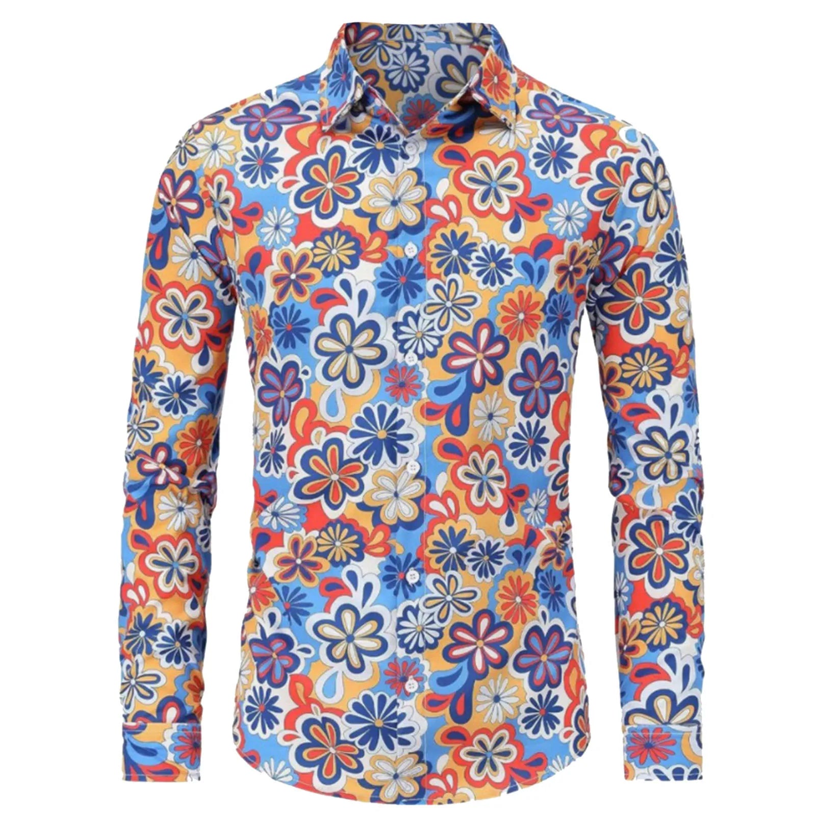Men's Colorful Floral Print Long Sleeve Shirts Hippie Style Retro Flower Pattern Button Down Blouse Casual Hawaiian Summer Shirt