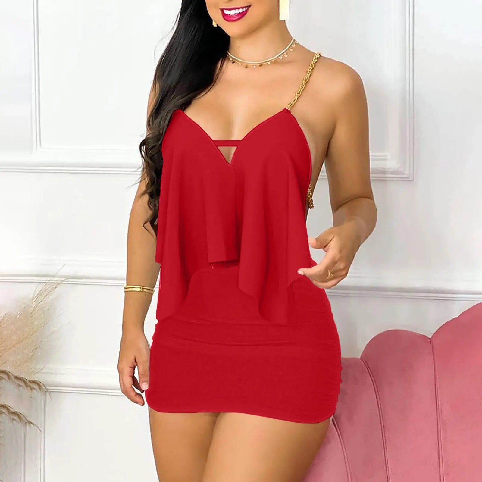 Womens Dresses Summer Fashion Floral Print Asymmetrical Chain Strap Sexy Backless V-Neck Sleeveless Bodycon Mini Dress Sets 2025