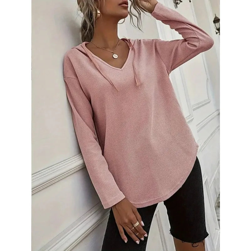 Plus Size 1XL-5XL New Women's V-neck Long Sleeve Hoodie Sweater Women's Drawstring Pullover Top