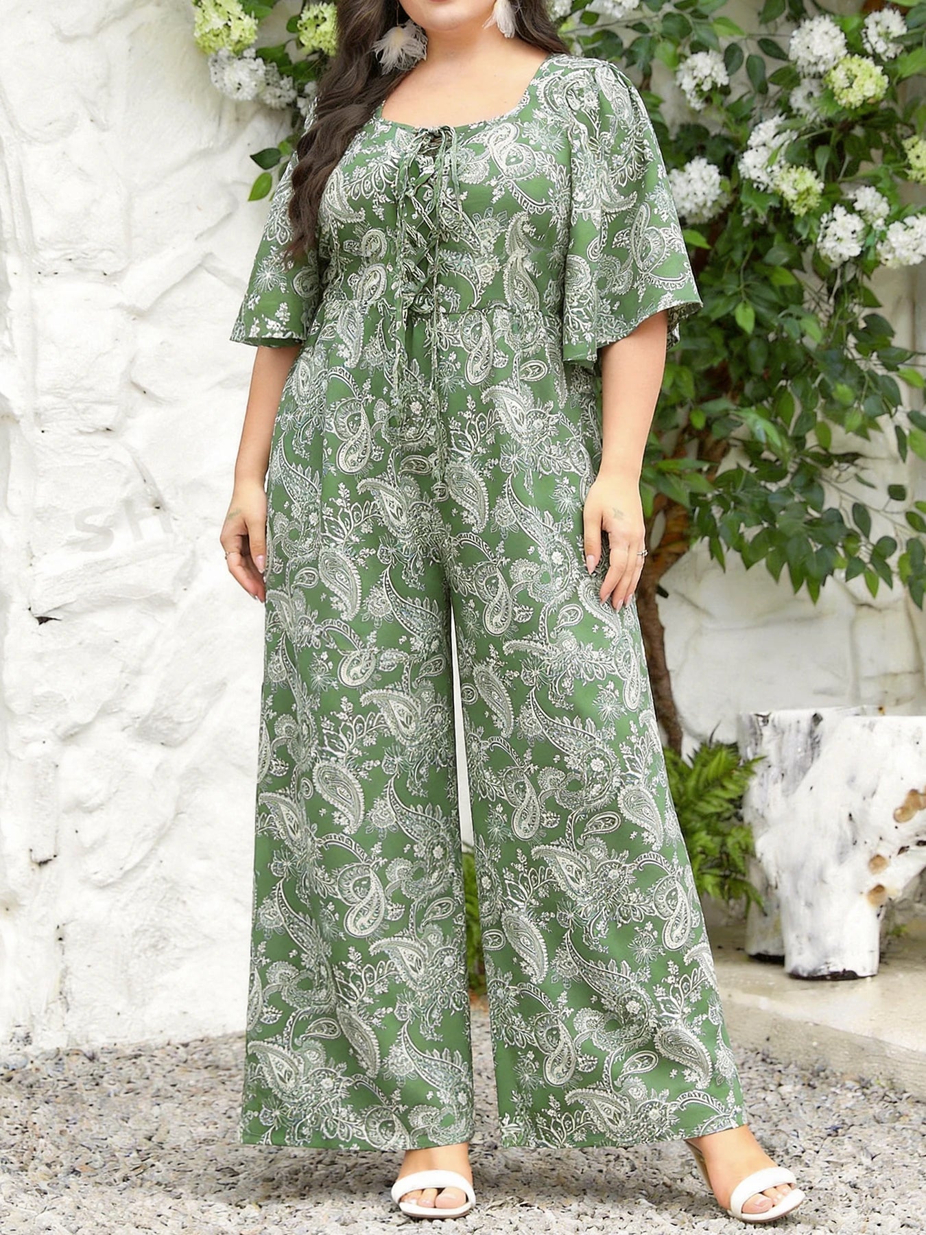 Plus Size Women's Multi-Color Paisley Print Square Neck Tie Waist Wide Leg Jumpsuit