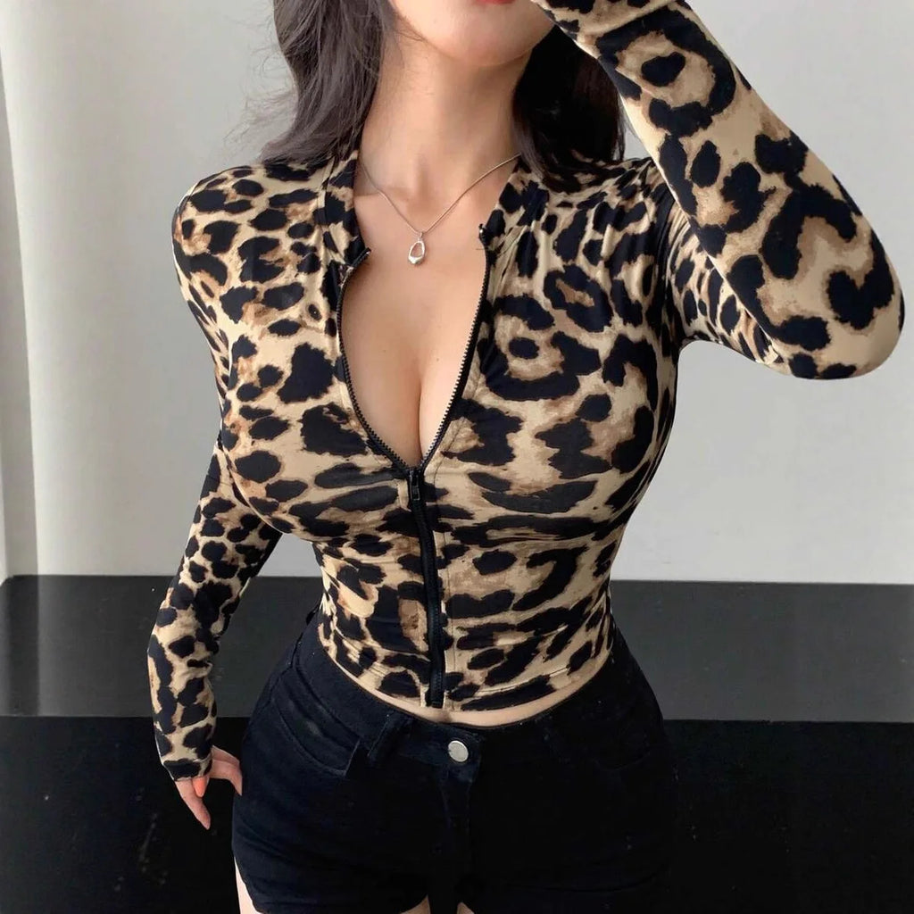 Women Leopard Print Zip Up Long Sleeve Crop Jacket Slim Fit Y2K Sexy Cropped Top