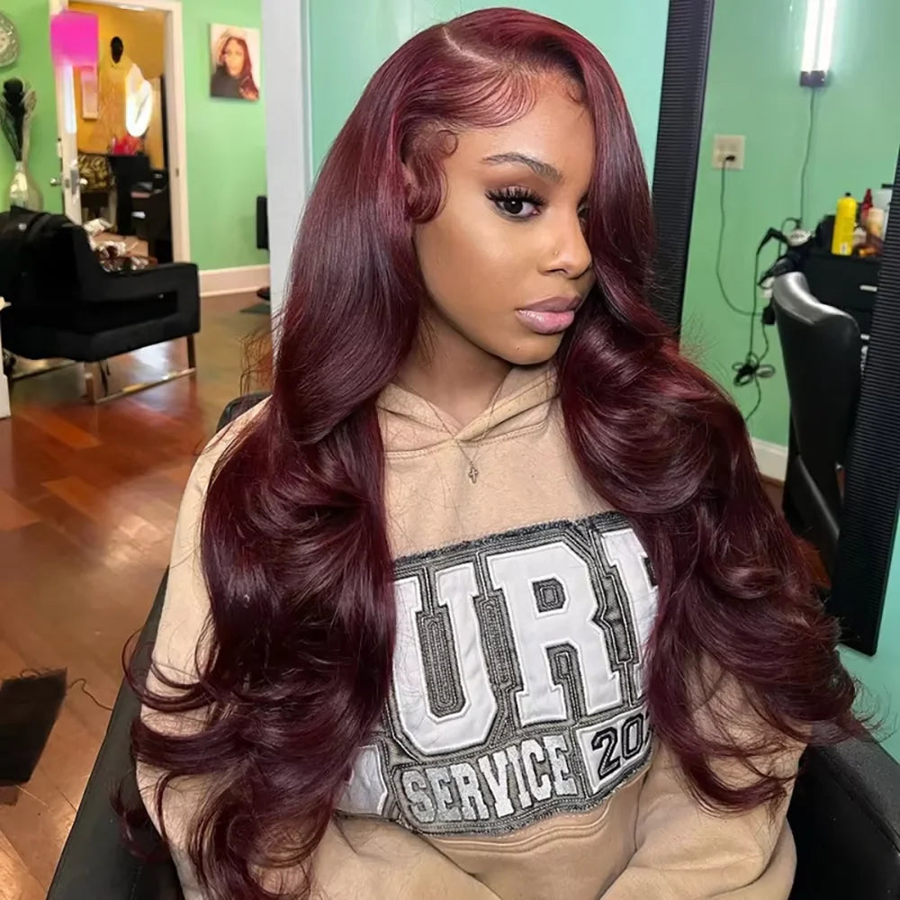 20in-40in Burgundy Red 34 Inch Body Wave Lace Front Wig