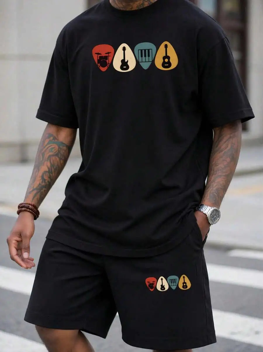 Men S 2 Piece Oversized T-Shirt Shorts Set Musical Instrument Pi Graphic Streetwear Casual Outfit