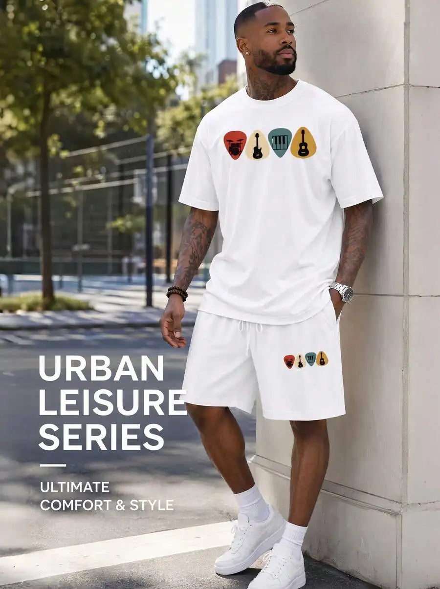 Men S 2 Piece Oversized T-Shirt Shorts Set Musical Instrument Pi Graphic Streetwear Casual Outfit