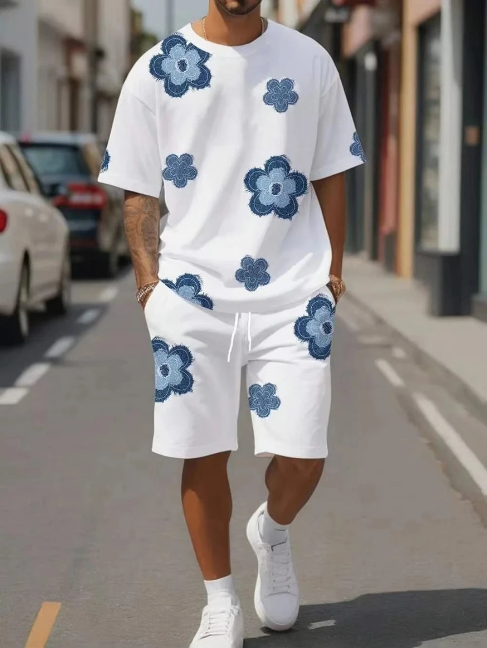 Men's Retro Minimalist Printed Street Fashion T-shirt and Shorts Set  Sports and Casual Breathable Quick Drying Set