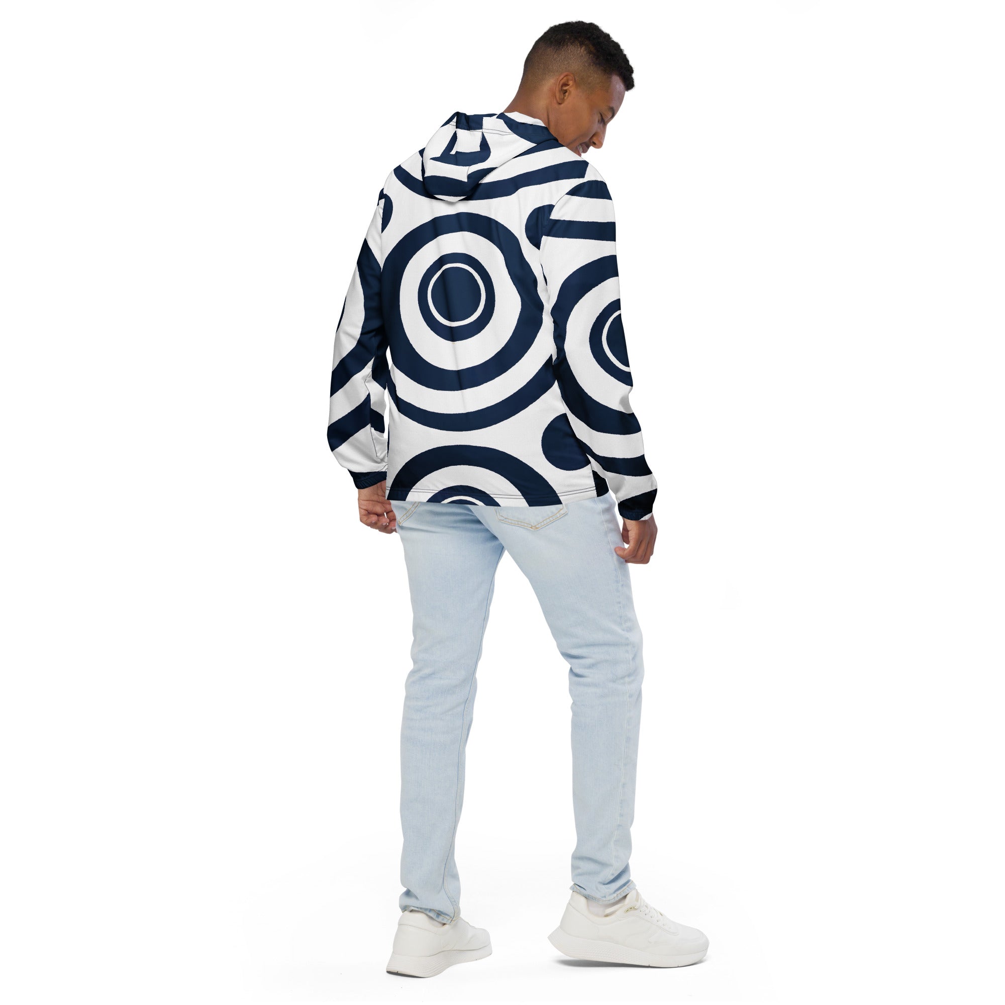 Mens Hooded Windbreaker Jacket - Navy Blue and White Circular Pattern