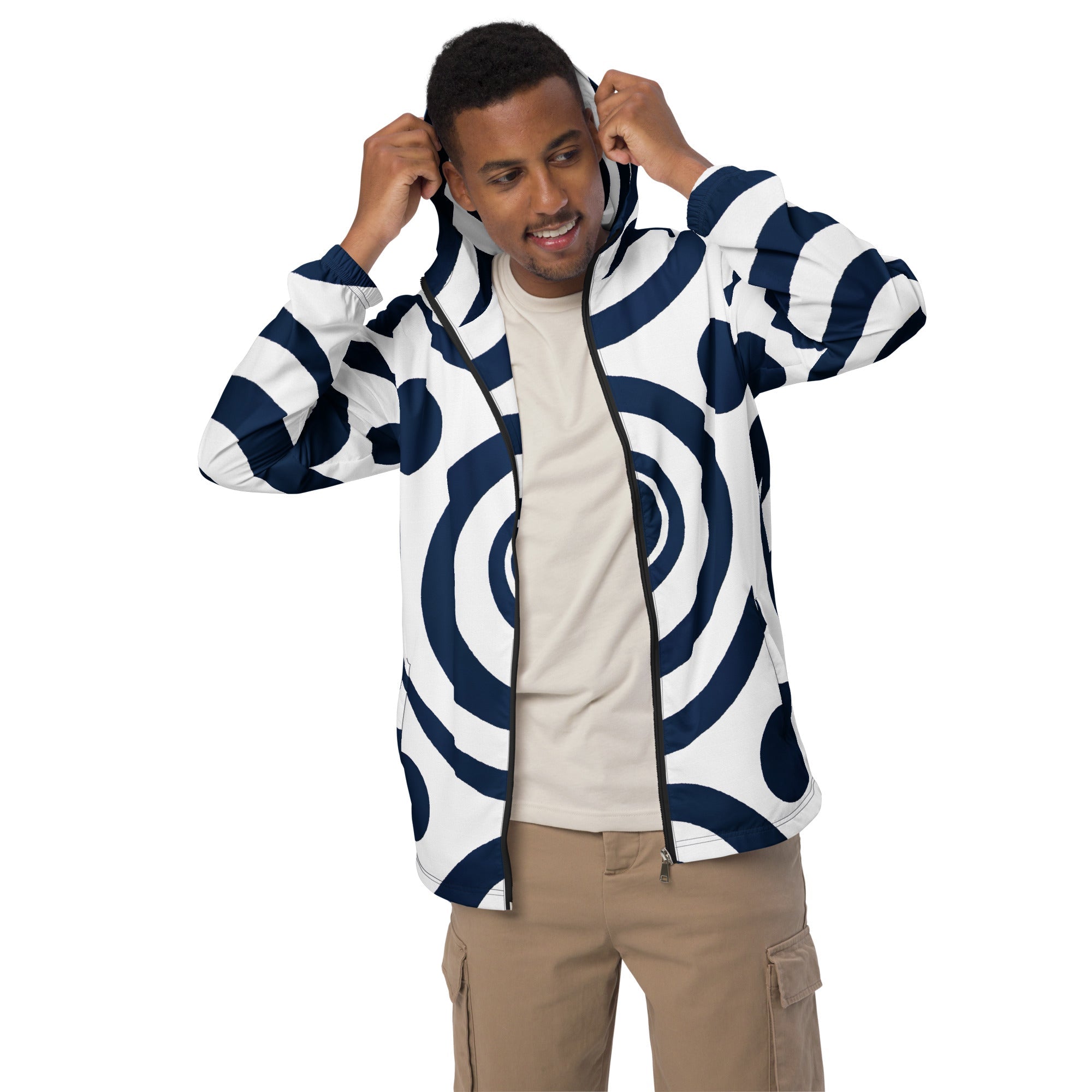 Mens Hooded Windbreaker Jacket - Navy Blue and White Circular Pattern