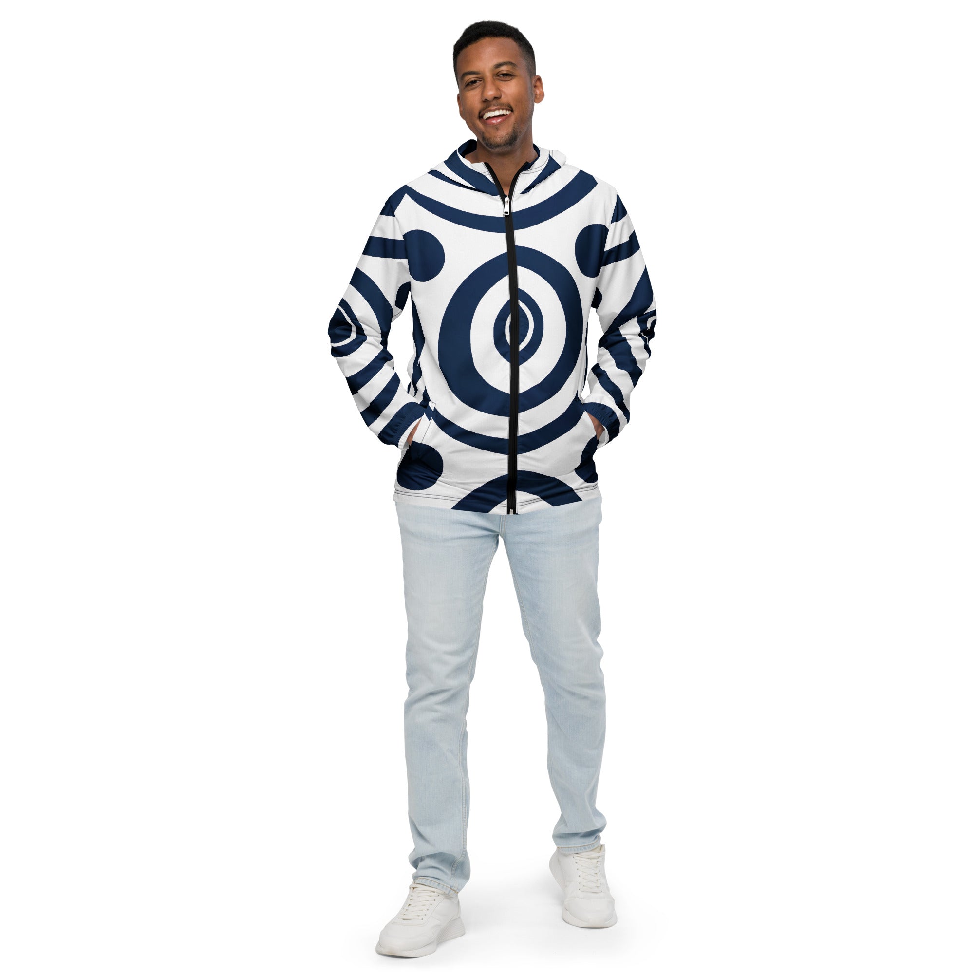 Mens Hooded Windbreaker Jacket - Navy Blue and White Circular Pattern