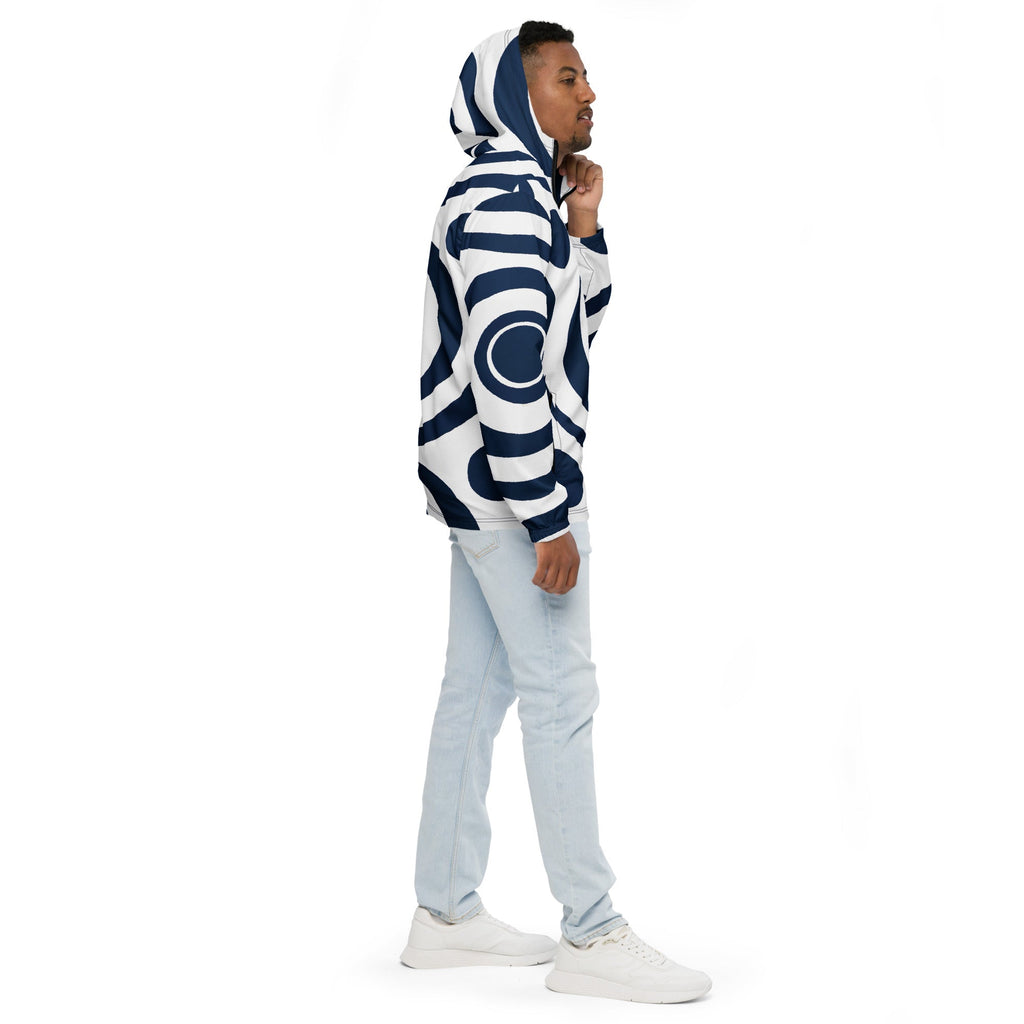 Mens Hooded Windbreaker Jacket - Navy Blue and White Circular Pattern