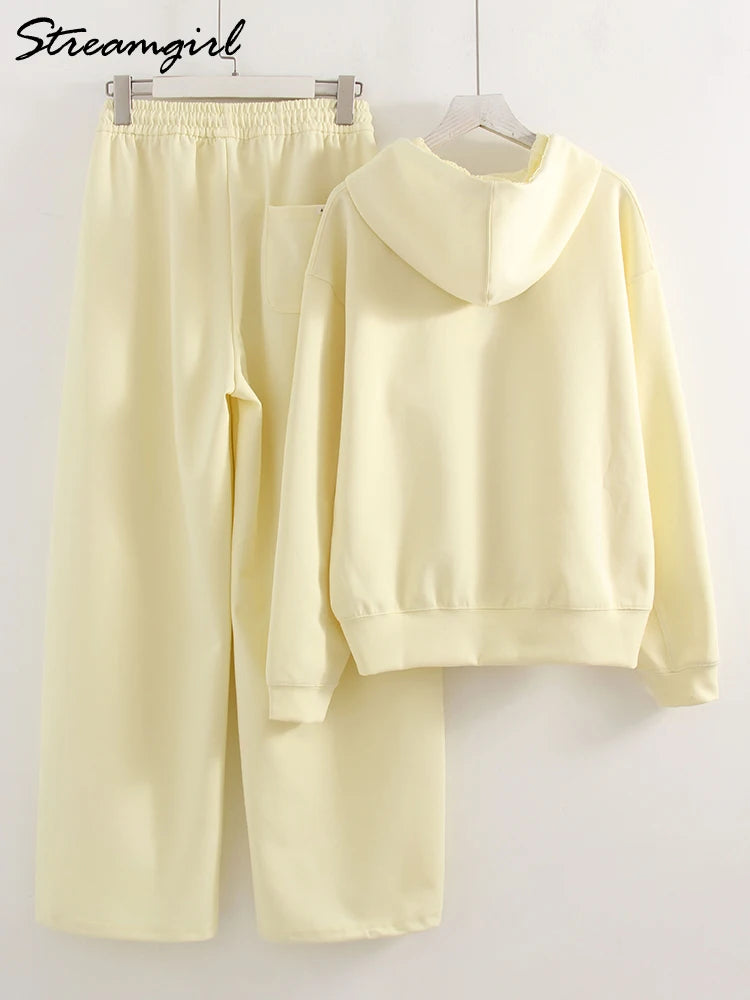 Women's Tracksuit Wide Leg Sweatpants And Hoodies Set Butter Yellow Plain 2 Pieces Pants Set For Women Joggers And Hoodie Set