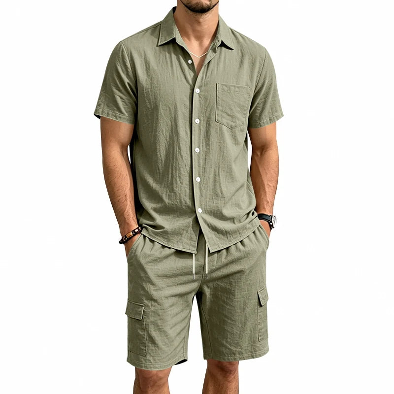 Men Summer American Linen Two Piece Set Short Sleeve Shirt Drawstring Cargo Shorts Loose Casual Outdoor Commute Vacation Outfit