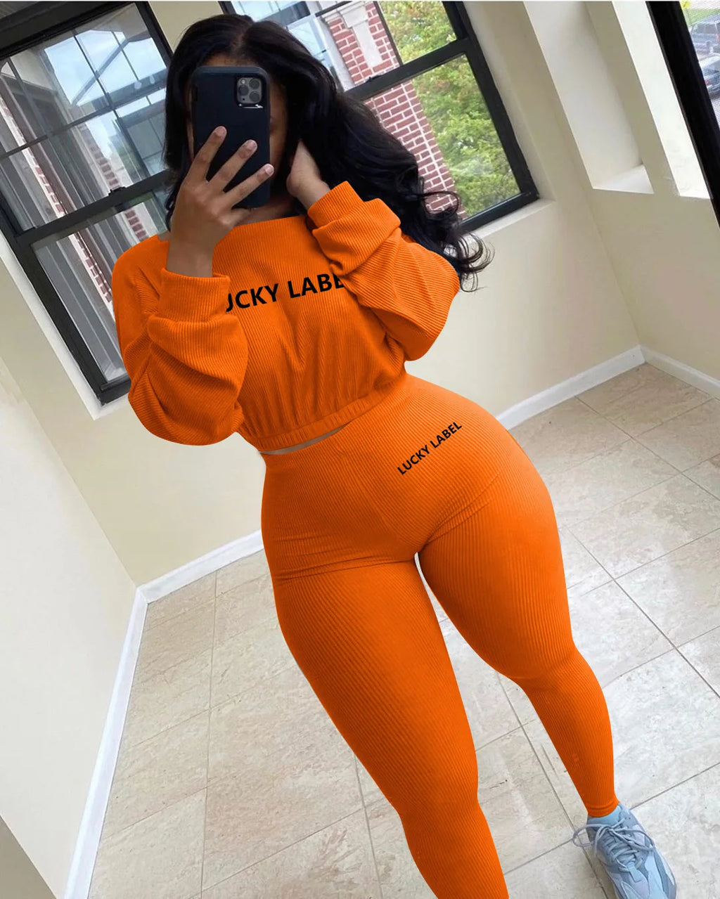 Two Piece Ribbed Tracksuits Fall Spring Long Sleeve Sweatshirt and Skinny Pants Set