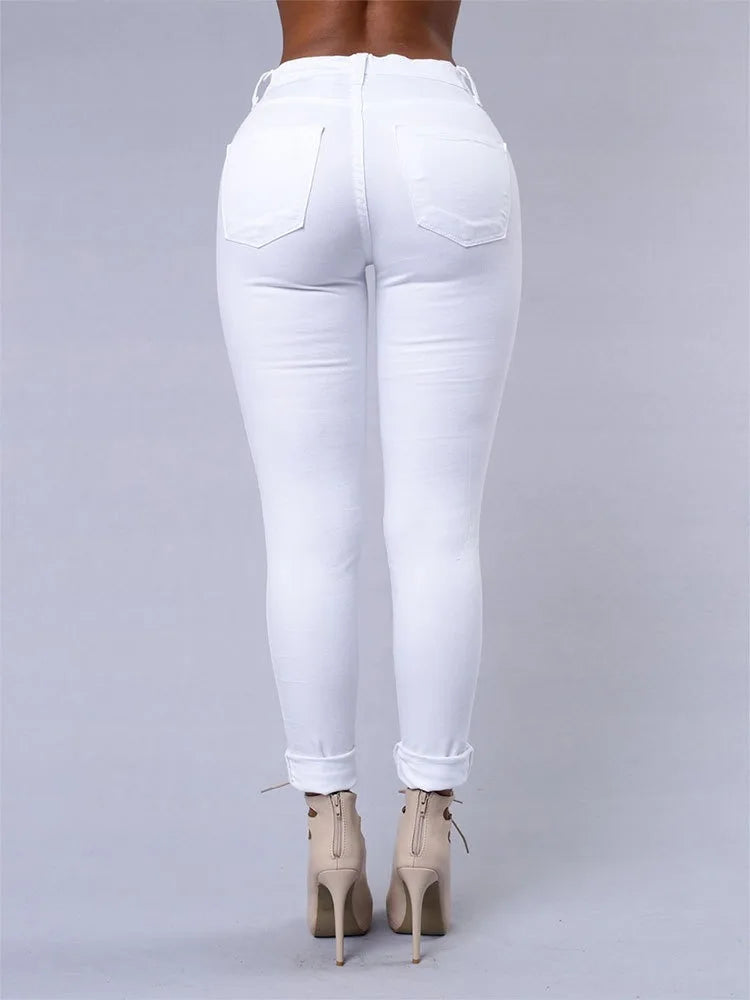 Fashionable Women's Versatile Solid Color Jeans European and American Holed Jeans Minimalist Slim Fit Pencil Pants