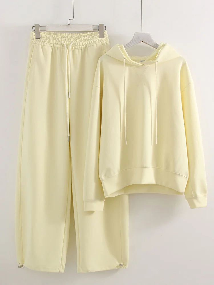 Women's Tracksuit Wide Leg Sweatpants And Hoodies Set Butter Yellow Plain 2 Pieces Pants Set For Women Joggers And Hoodie Set