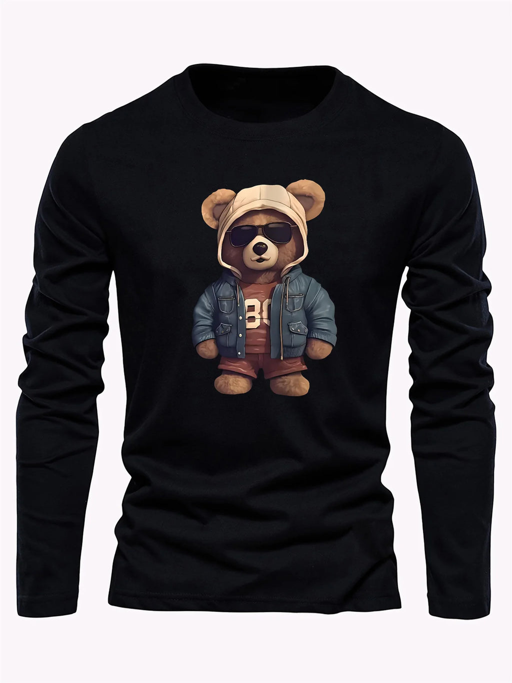 Men's casual long sleeved round neck loose bear pattern printed autumn and winter T-shirt top versatile