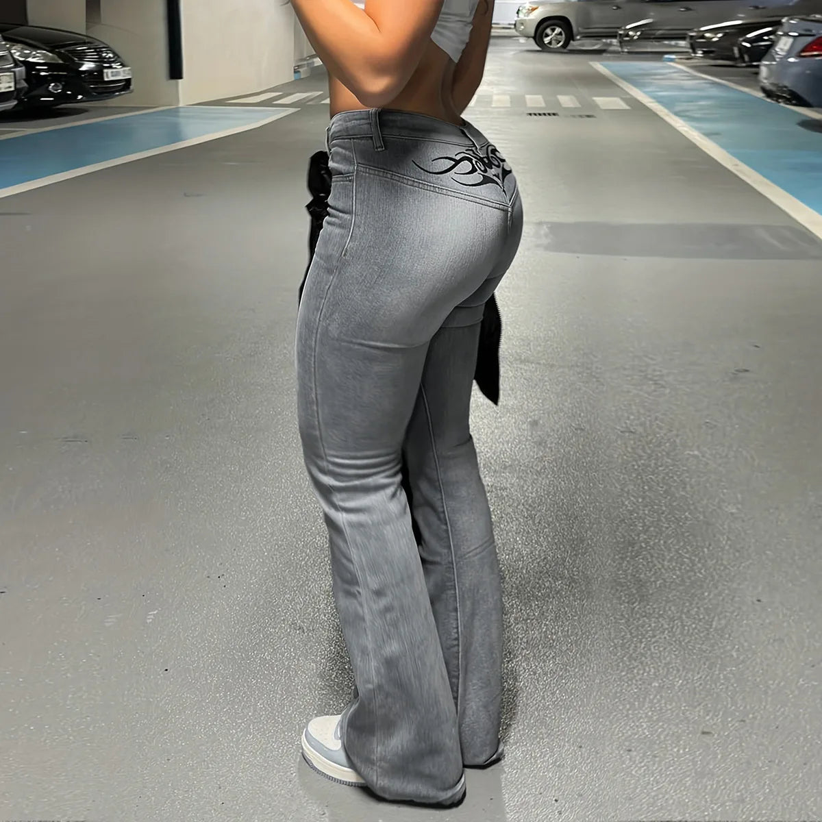 Women Denim Pants Print Streetwear Skinny Low Waiste
