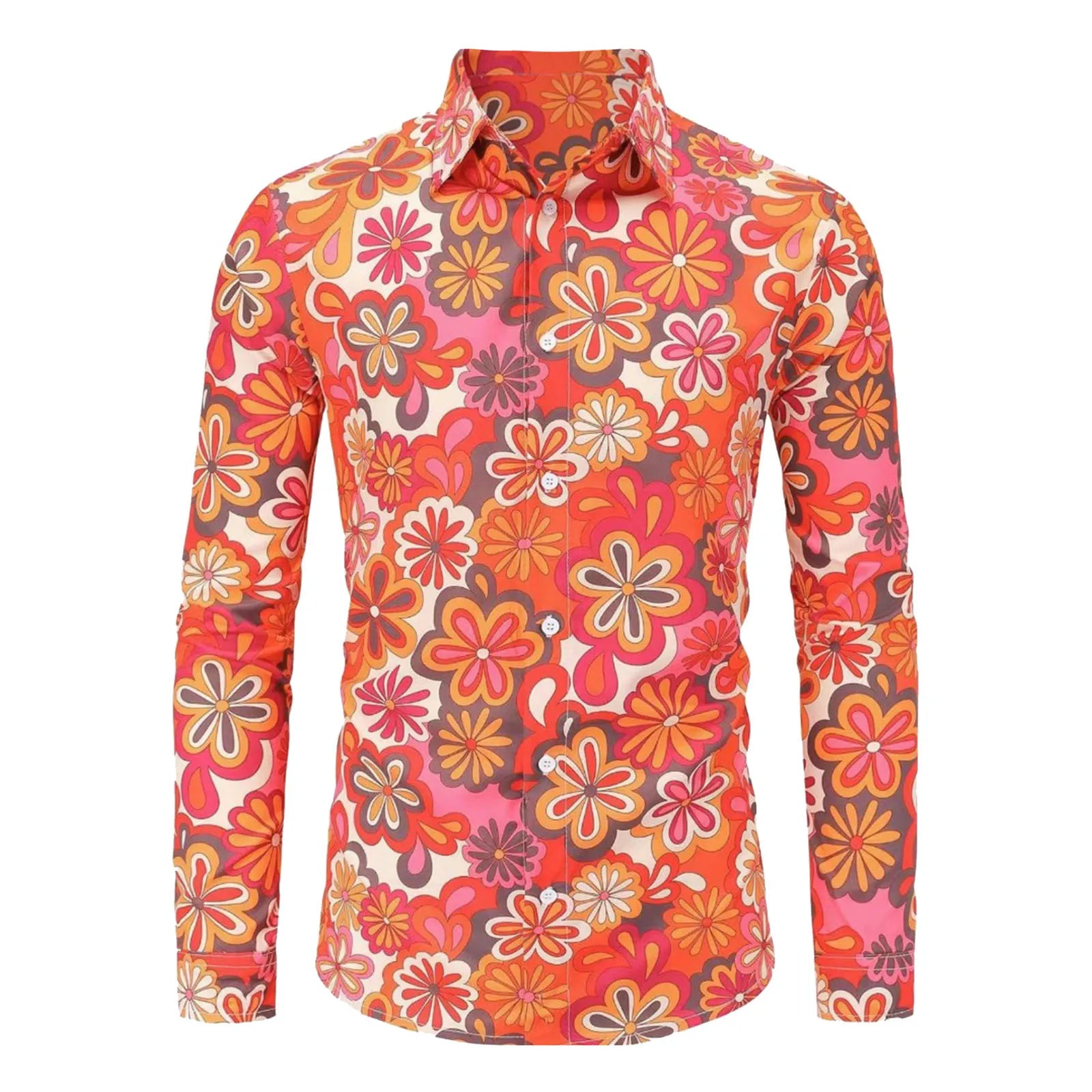 Men's Colorful Floral Print Long Sleeve Shirts Hippie Style Retro Flower Pattern Button Down Blouse Casual Hawaiian Summer Shirt