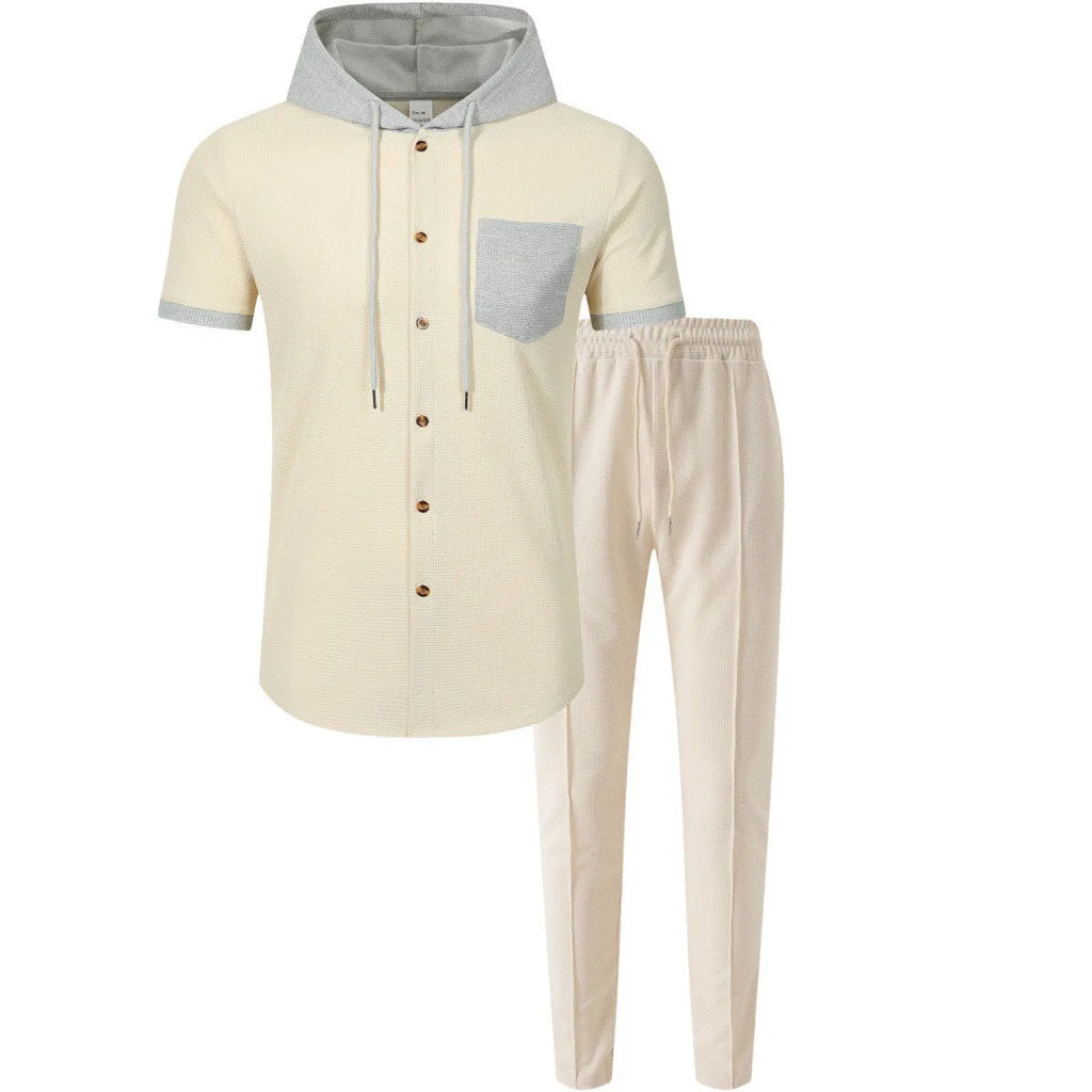 Men's new waffle knit hooded small zipper casual long-sleeved top and long pants two-pie