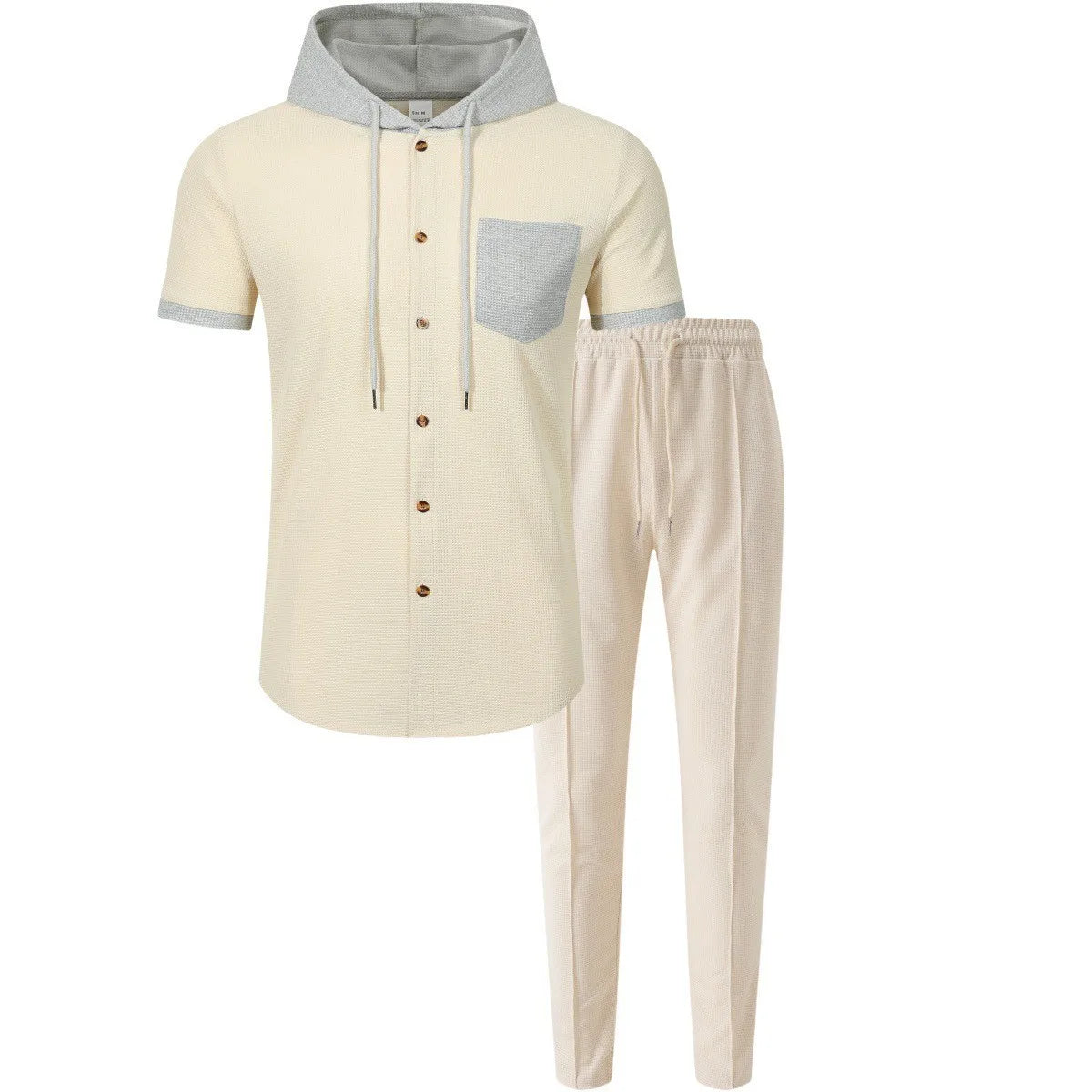 Men's new waffle knit hooded small zipper casual long-sleeved top and long pants two-pie