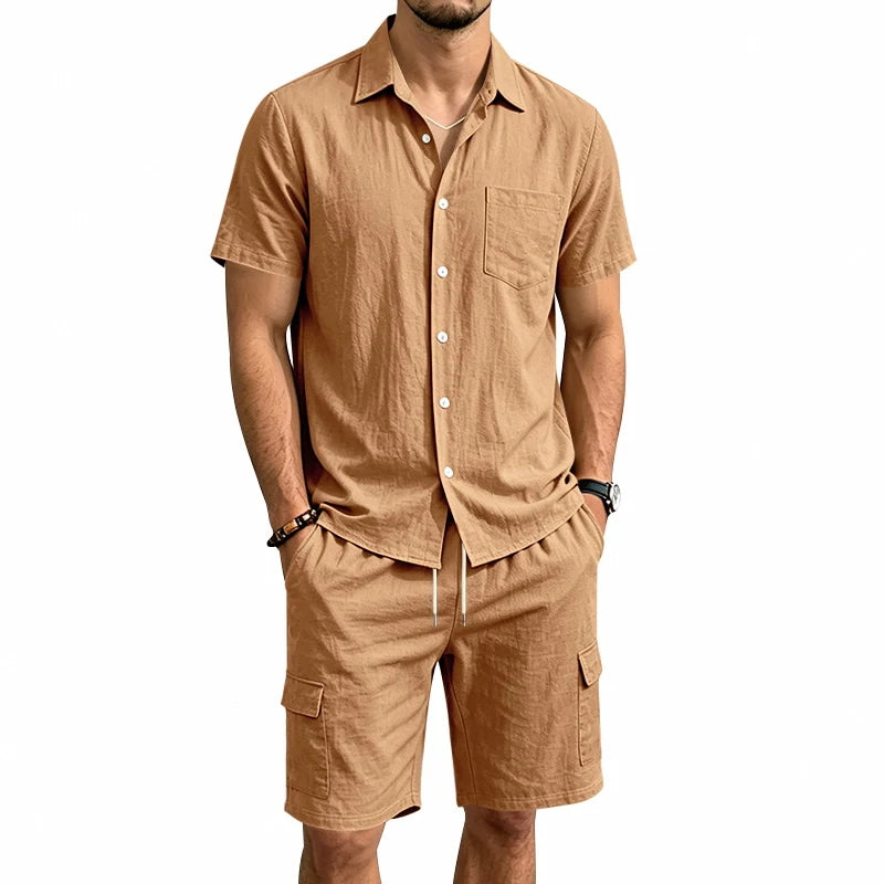 Men Summer American Linen Two Piece Set Short Sleeve Shirt Drawstring Cargo Shorts Loose Casual Outdoor Commute Vacation Outfit