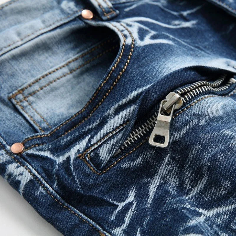 Men's New Style High Street Motorcycle Fashion Stretch Slim Straight Denim Trousers Male