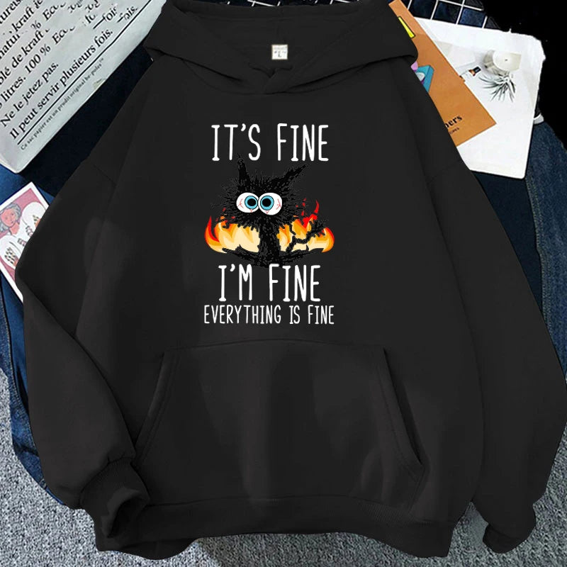2025 Plus Size Cat Its Fine Im Fine Everything Is Fine Printed Women Hoodies Autumn Winter Hoodie Pullover Hooded