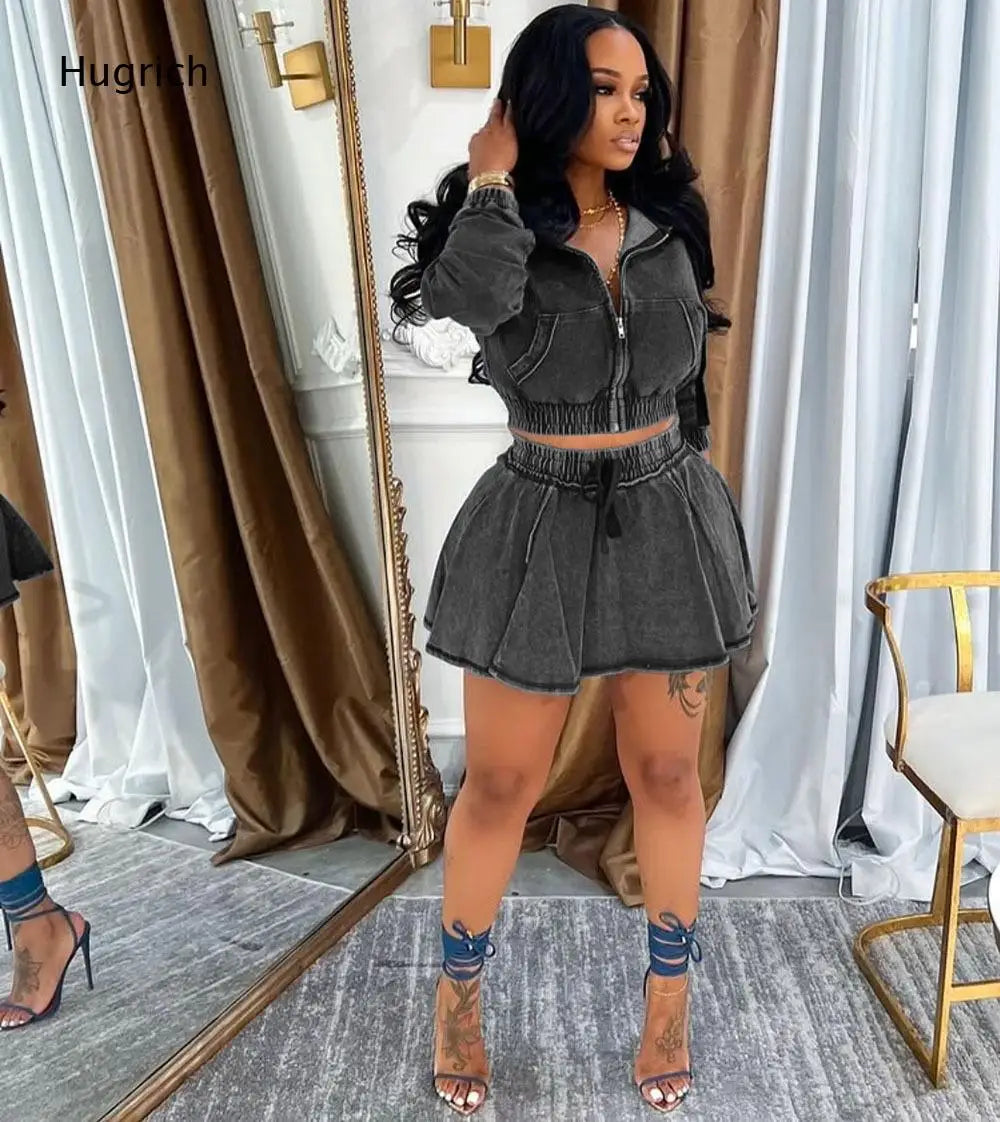 Hooded Long Sleeve Skirt Romper Washed Grey Zip Front Elastic Gathered Waist Drawstring Flared Hem Women Casual Jumpsuit
