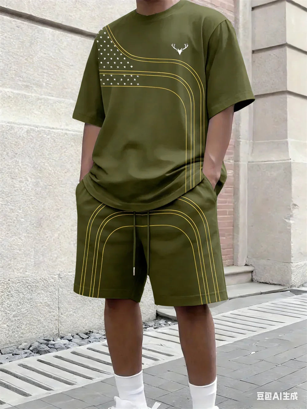Men's Stripe Print Comfortable Breathable Round Neck T-shirt Shorts Set Outdoor High Street Clothing T-shirt Sets