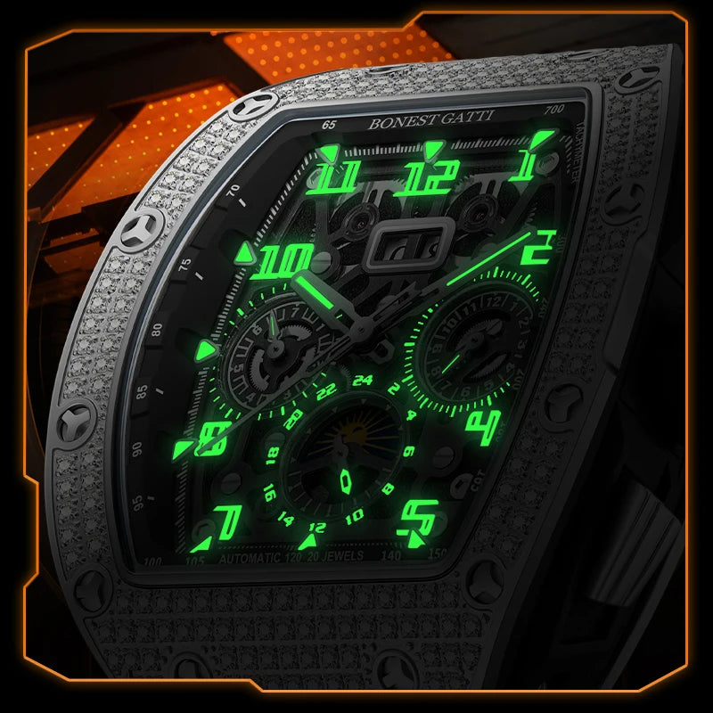 Men Automatic Mechanical Watch Stainless Steel Skeleton Dial Sapphire Glass Waterproof Luxury Moissanite Wristwatch