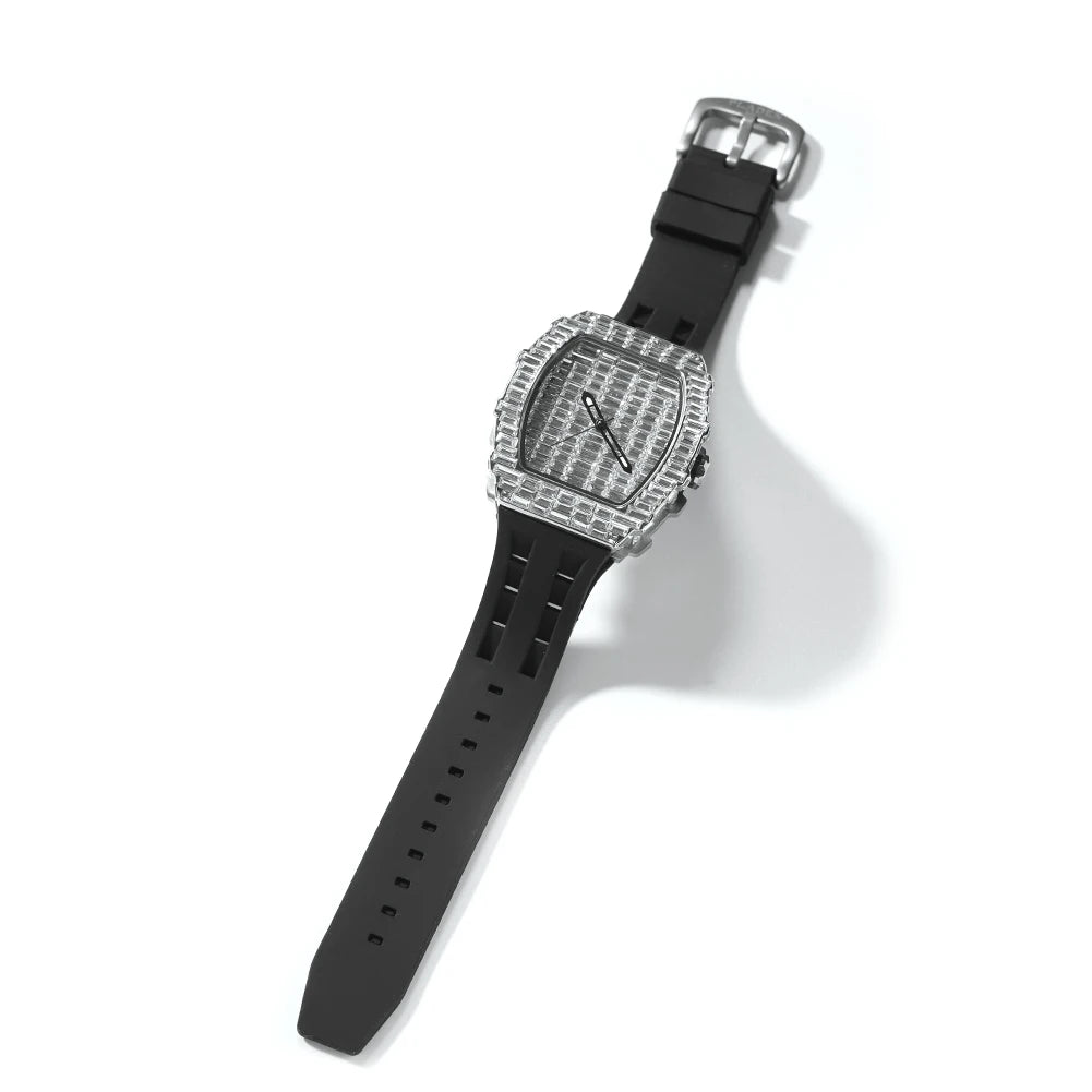 Full Iced Out Baguette Stones Square Watch With Silicone Strap