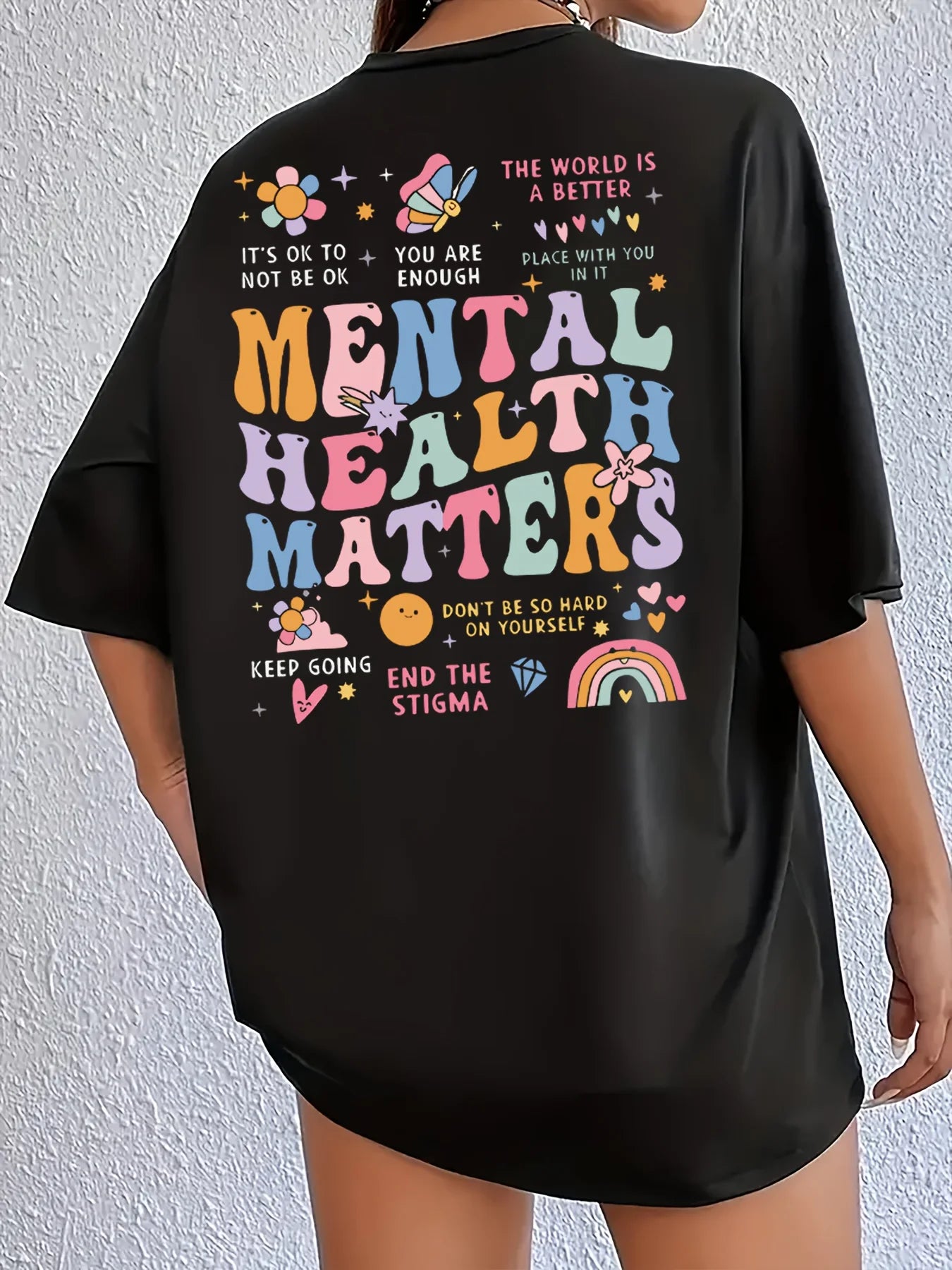 Mental Health Matters Women's Tee - Positive Graphic, Casual Black Oversized Top