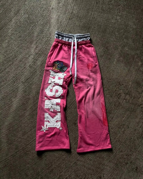American Letter Patch Retro Double Layer Design Y2K Pants Baggy Sweatpants Men Hip Hop Gothic Elastic Waist Jogging Casual Pants