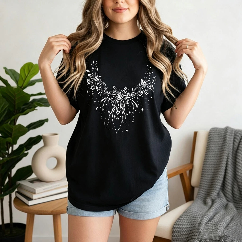 Plus Size Women Sparkling Rhinestone Fireworks Bow Star Graphic 100% Cotton Soft Loose Oversized Crew Neck Short Sleeve T-Shirt For Party Night Out Daily Casual Tops