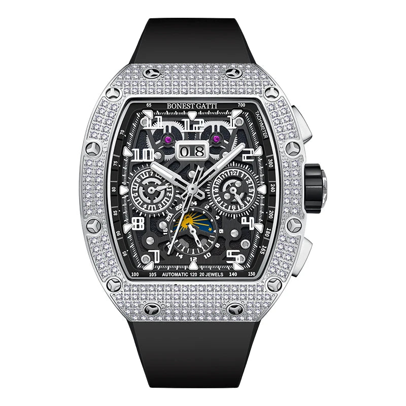 Men Automatic Mechanical Watch Stainless Steel Skeleton Dial Sapphire Glass Waterproof Luxury Moissanite Wristwatch