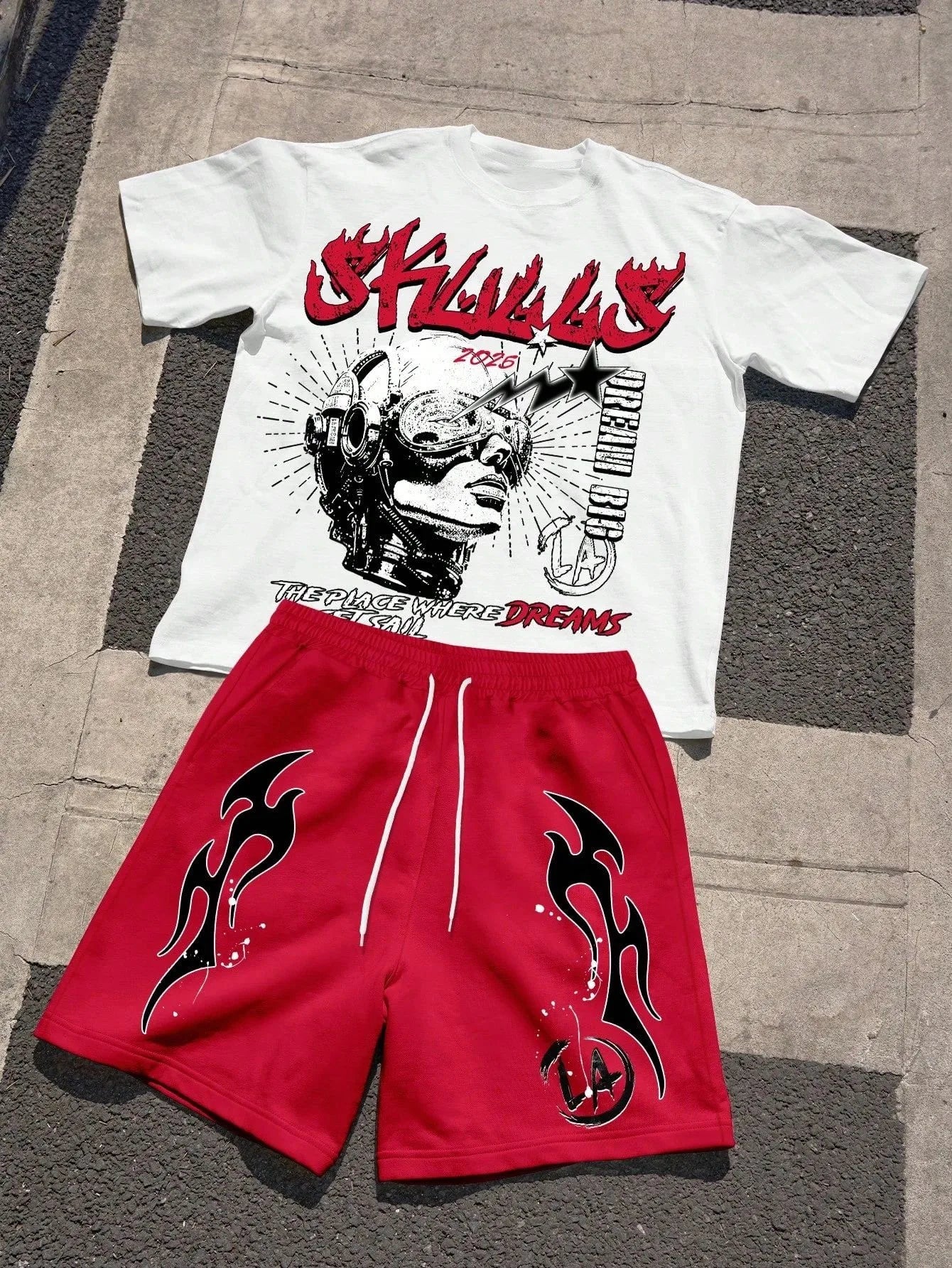 Men's Short-Sleeved Shorts Set with 3D Letter Pattern Printing - Street Casual Fashion Comfortable and Soft