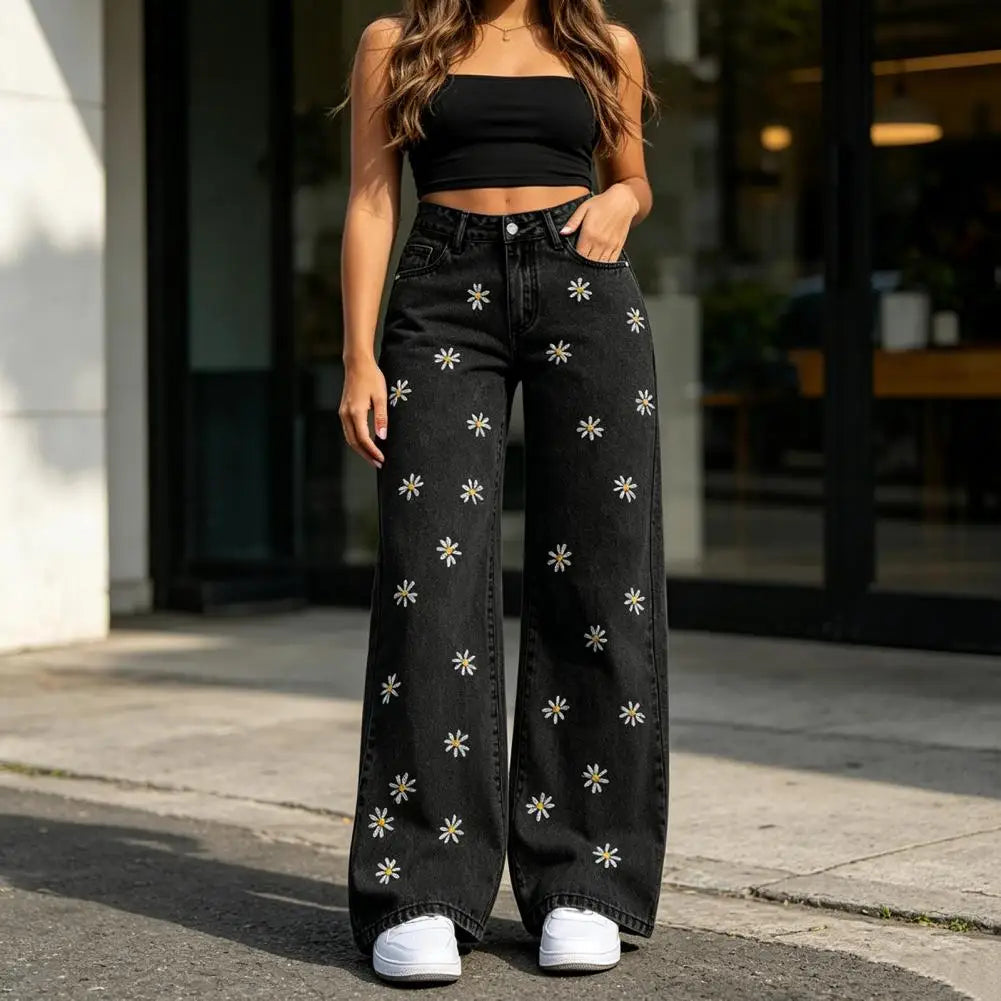 Bow Cherry Print Baggy Wide Leg Jeans