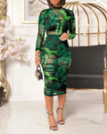 3PCS Crop Top & Shorts Set with Tropical Print Sheer Mesh Bodycon Dress