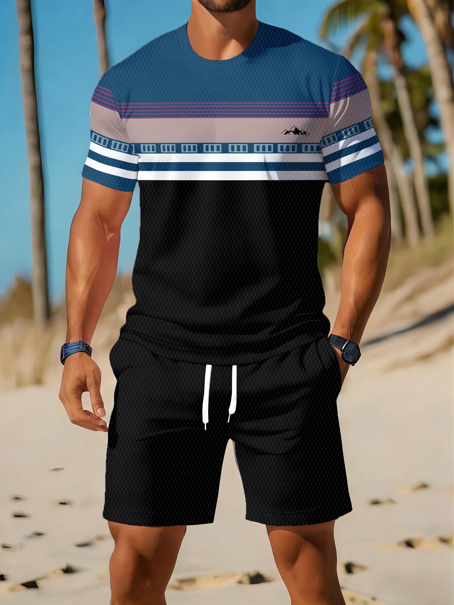 Men's Short-Sleeved Shorts Set - Street Casual Fashion Comfortable Soft Breathable 3D Stripes Pattern Print