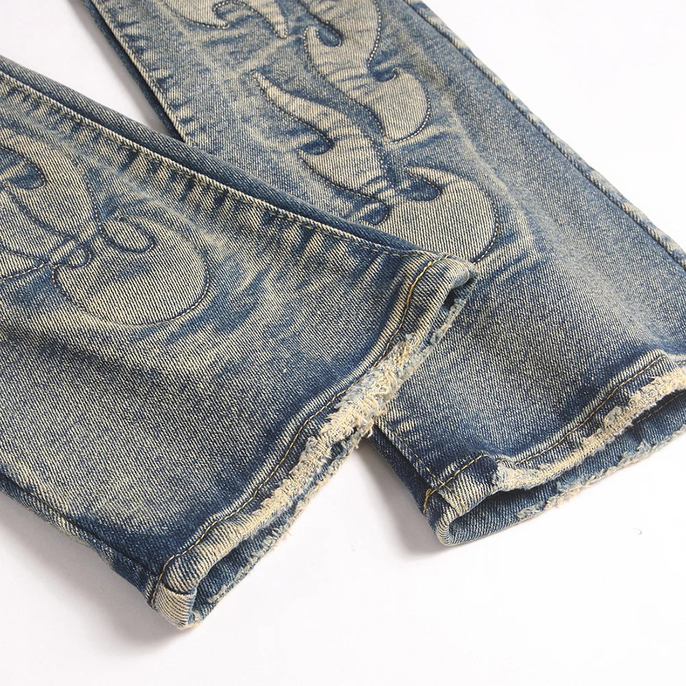 Men's Vintage Bootcut Denim Jeans Streetwear Embossed Totem Pattern Pants Retro Blue Stretch Spandex Slim Flared Trousers