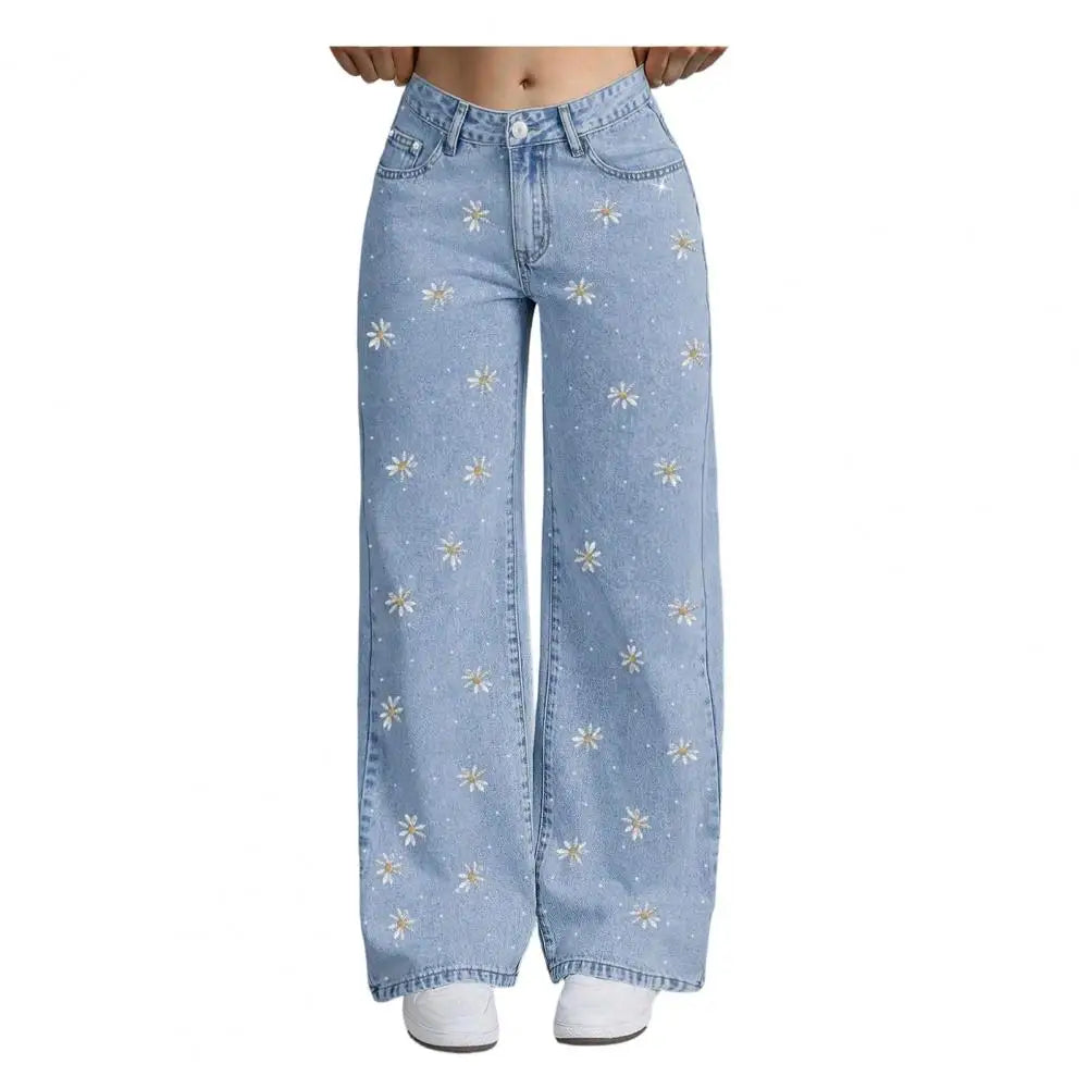 Bow Cherry Print Baggy Wide Leg Jeans
