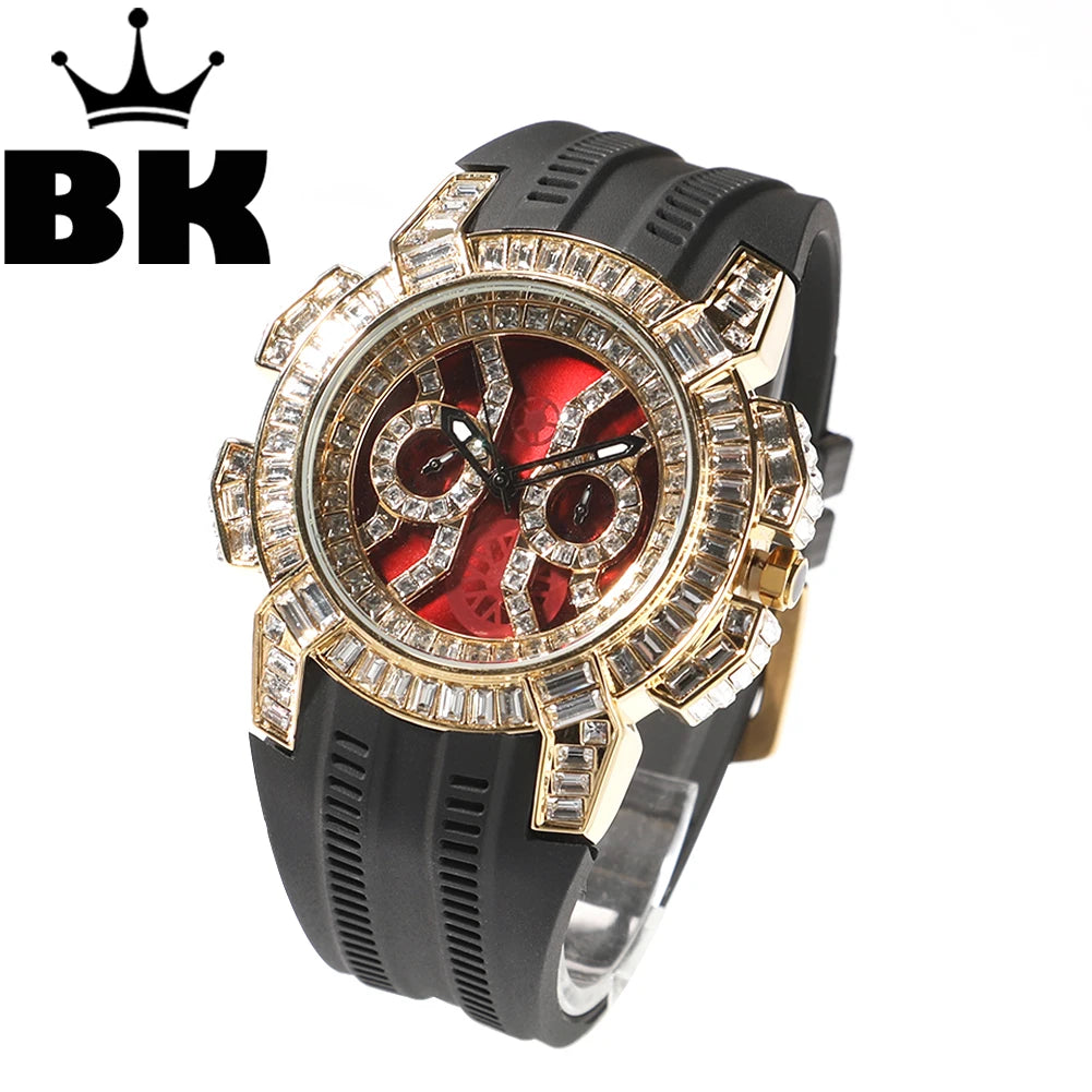 Iced Out Round Quartz Watch For Men Stainless Steel Sports Waterproof Type Fashion Red Dial Plate Anniversary Gift
