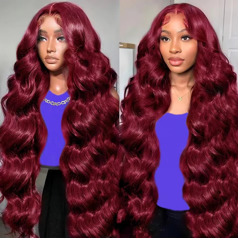 20in-40in Burgundy Red 34 Inch Body Wave Lace Front Wig