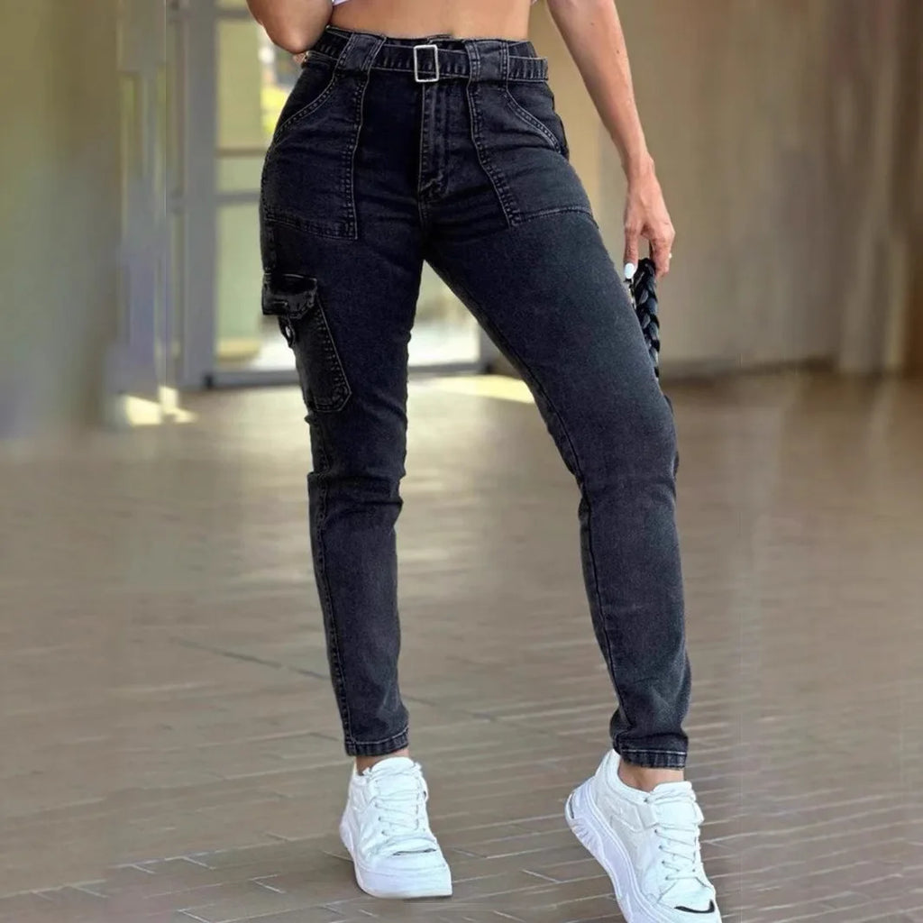Europe and The United States Foreign Trade New Belt Women's Classic Sexy Tight Small Foot Pants High Spring Washed Cargo Jeans