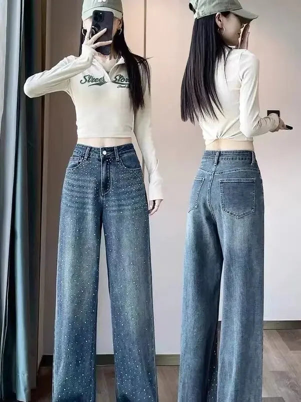 Autumn Women's Clothing Rhinestone Pendant Design High Waist Wash Jeans Women's Loose Slimming Straight-Leg Pants